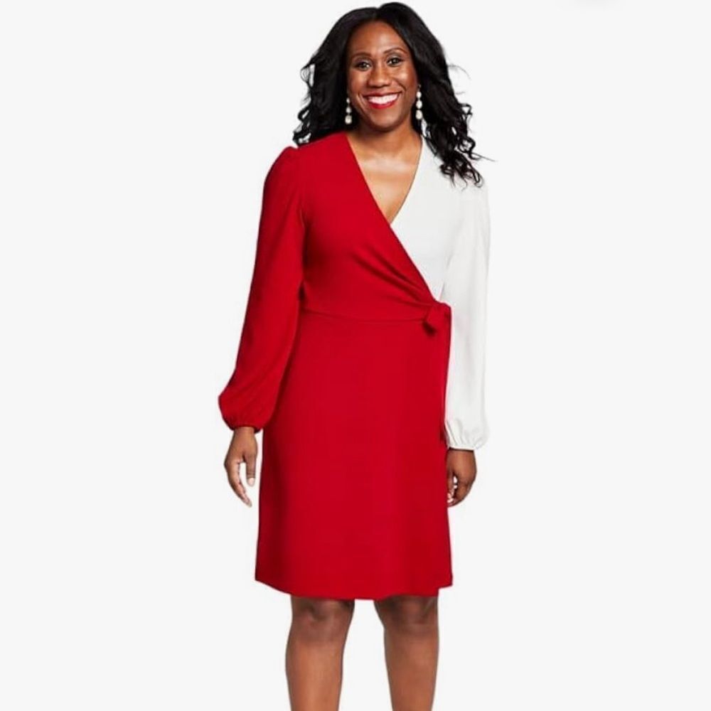 Kasper Red & White Women's Colorblocked Surplice Side-Tie Dress Size Large